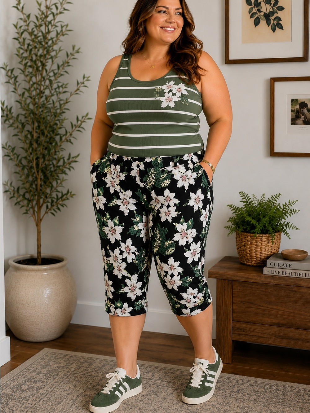 Time Tru Women’s Black Floral Capris size 2XL (20)
